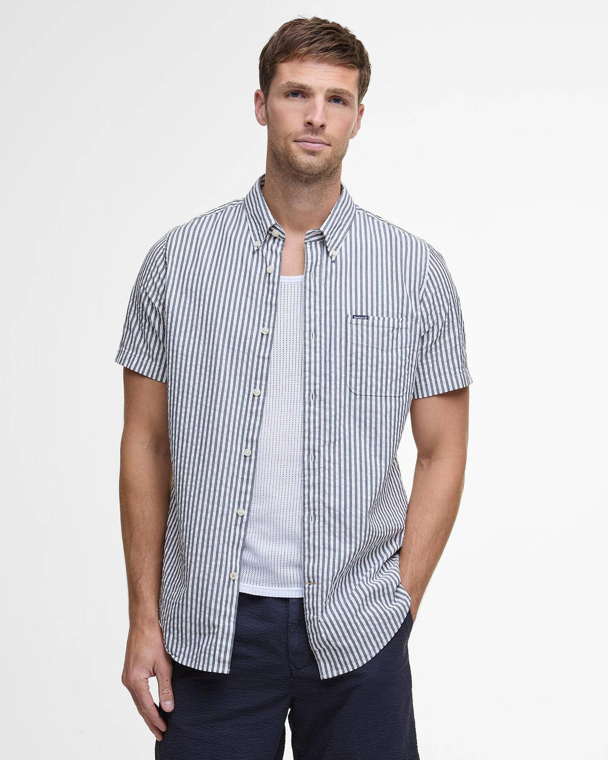Barbour Cresswell Seersucker Regular Short-Sleeved Shirt - Classic Navy
