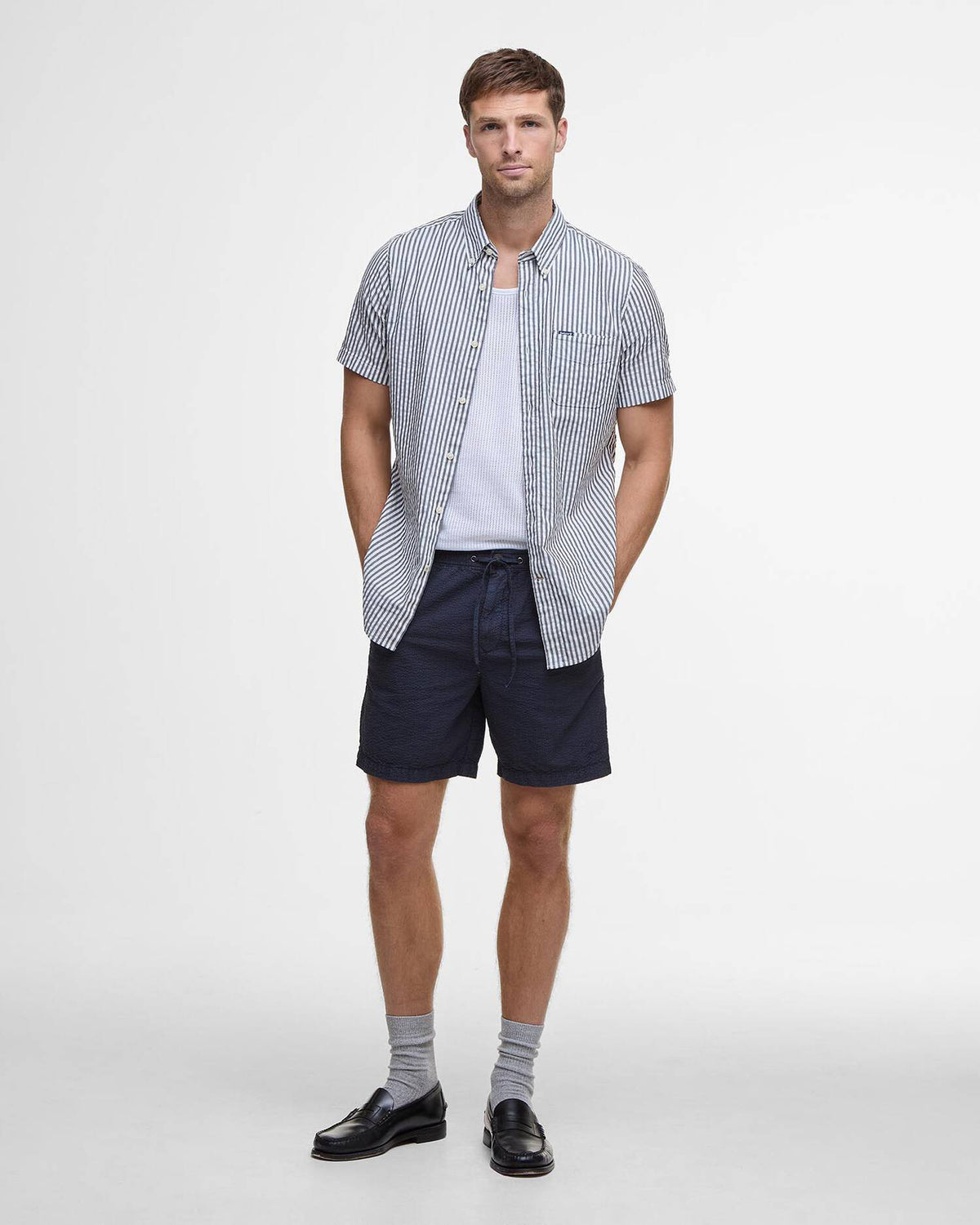 Barbour Cresswell Seersucker Regular Short-Sleeved Shirt - Classic Navy