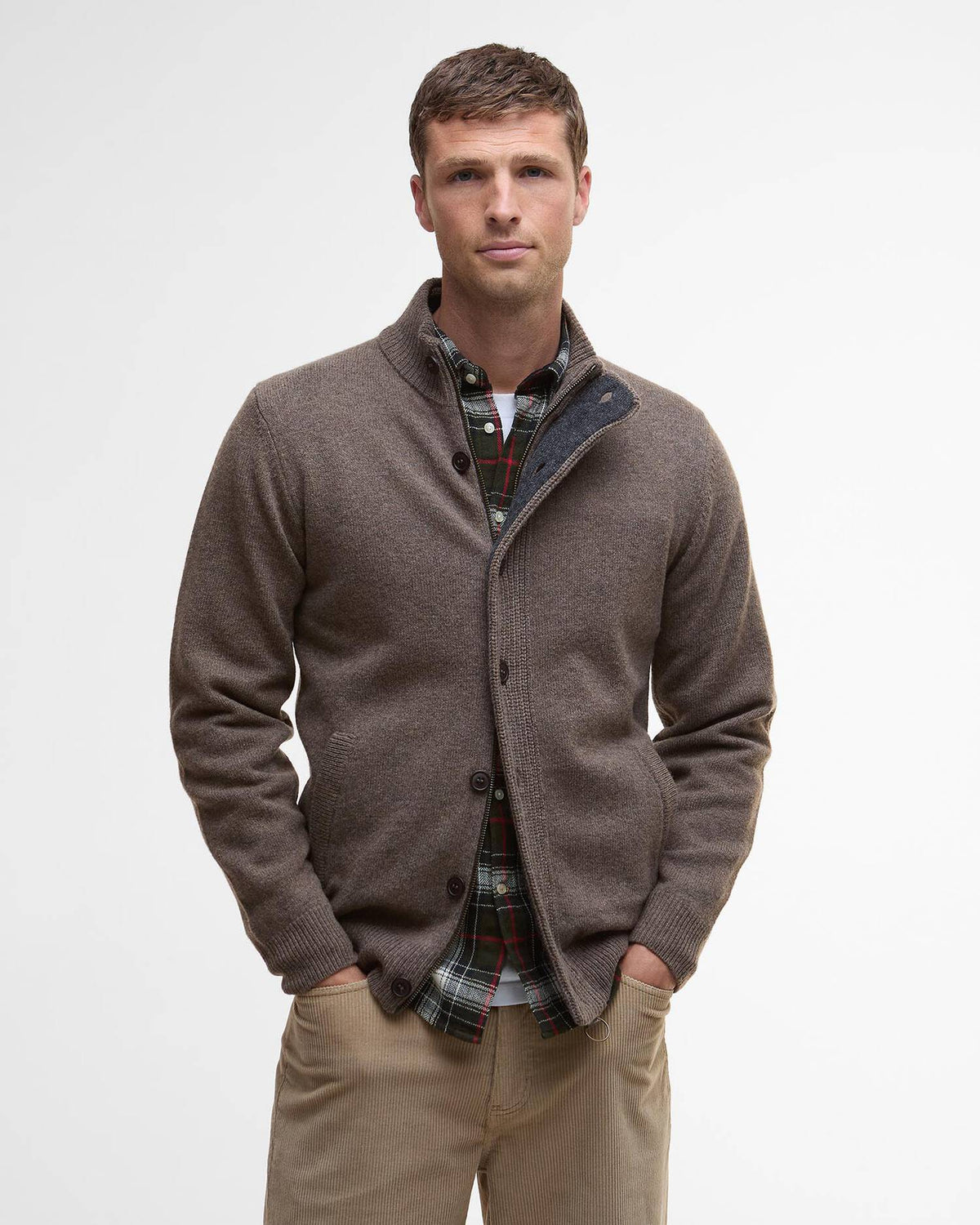 Barbour Essential Zip Thru Elbow-Patch Cardigan - Dark Stone