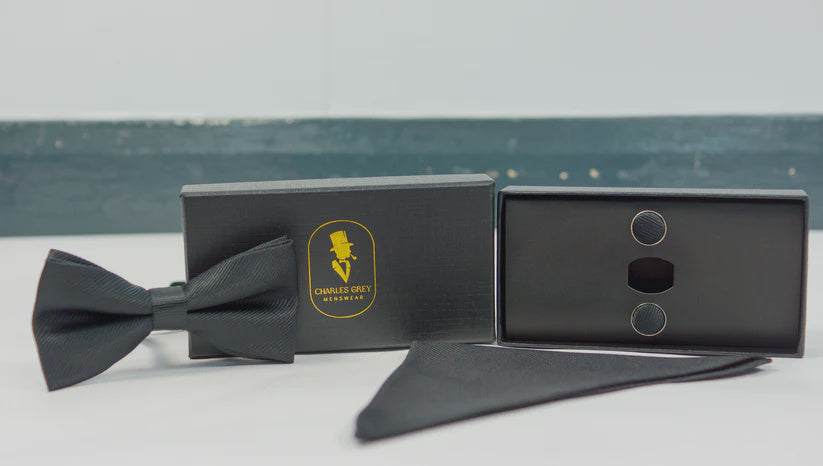 Charles Grey Bow Tie with Pocket Square, Cuff Link Set - Black