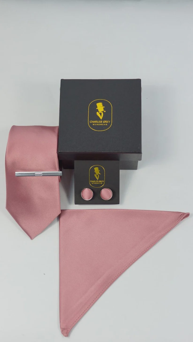Charles Grey Tie, Pocket Square, Cuff Link & Tie Clip Set - Rose Pink