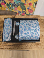 Charles Grey Floral Tie, Pocket Square, Cuff Link & Tie Clip Set - Teal & Silver