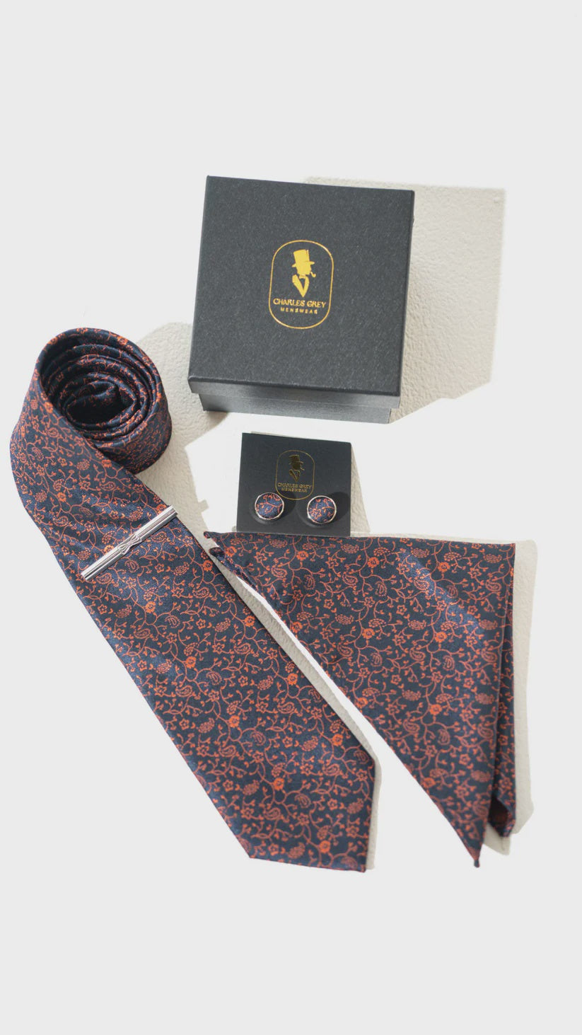 Tie Pocket Square Cuff Link & Tie Clip Set & Rust