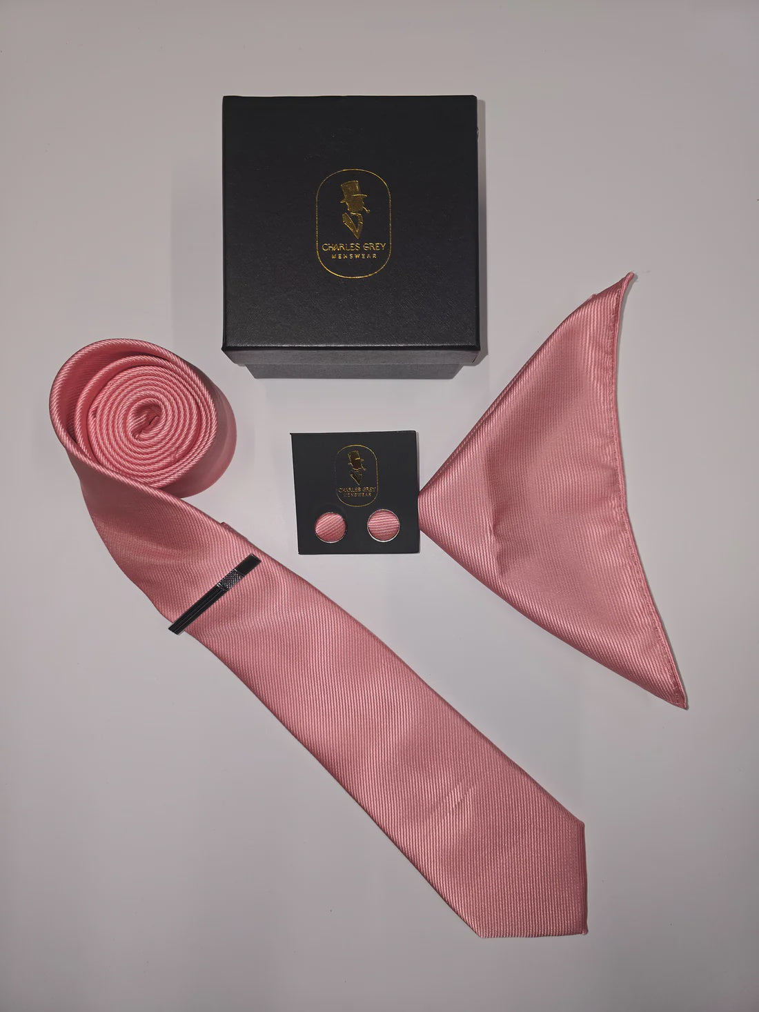Charles Grey Tie, Pocket Square, Cuff Link & Tie Clip Set - Pink