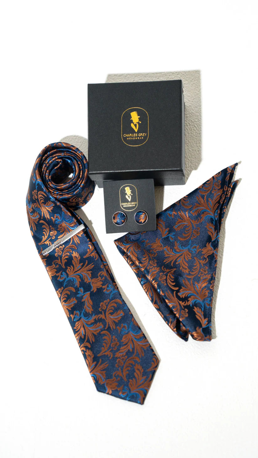 Floral Tie Pocket Square Cuff Link & Tie Clip Set & Copper