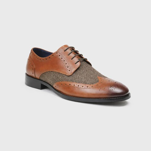 Front London Chester II Brogue Shoes - Tan & Herringbone Tweed