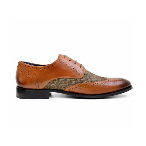 Front London Chester II Brogue Shoes - Tan & Herringbone Tweed