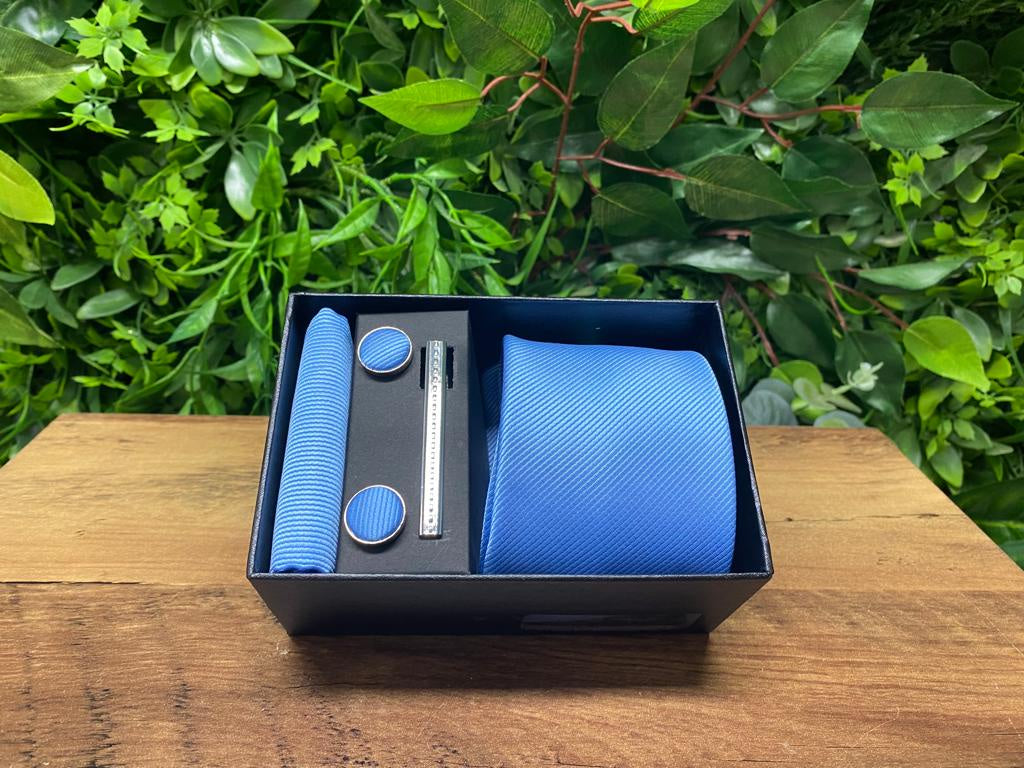 Charles Grey Tie, Pocket Square, Cuff Link & Tie Clip Set - Sky Blue
