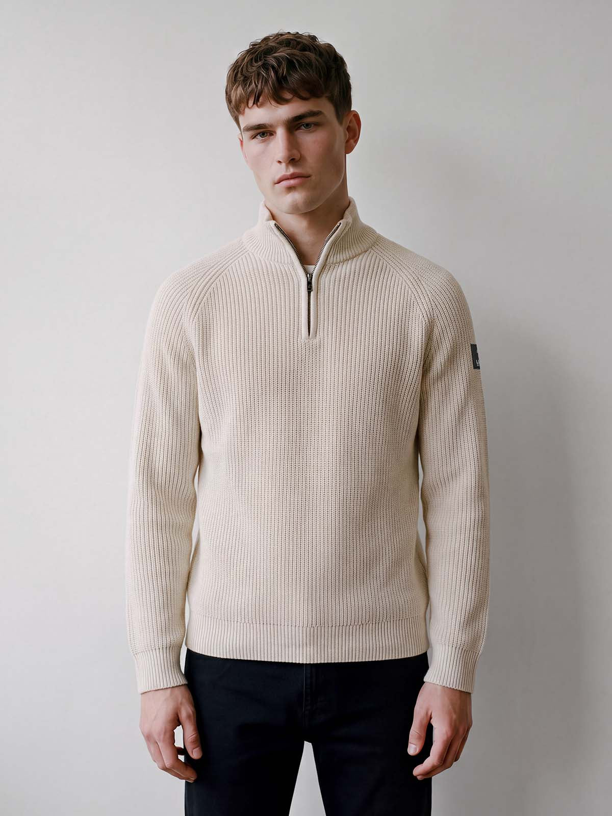 Luke 1977 Watton Plated 1/4 Zip Knitted Jumper - Stone