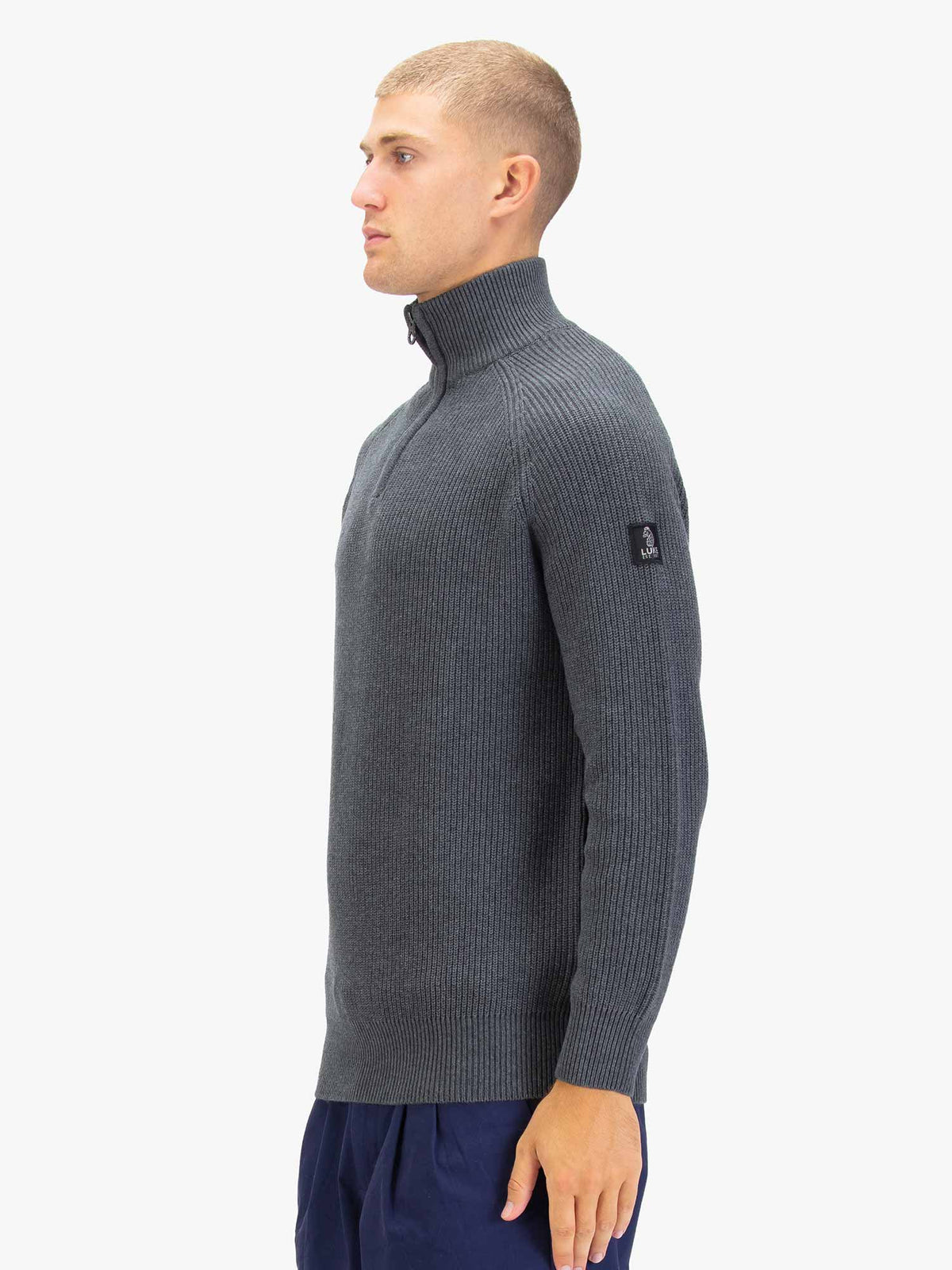 Luke 1977 Watton Plated 1/4 Zip Knitted Jumper - Charcoal
