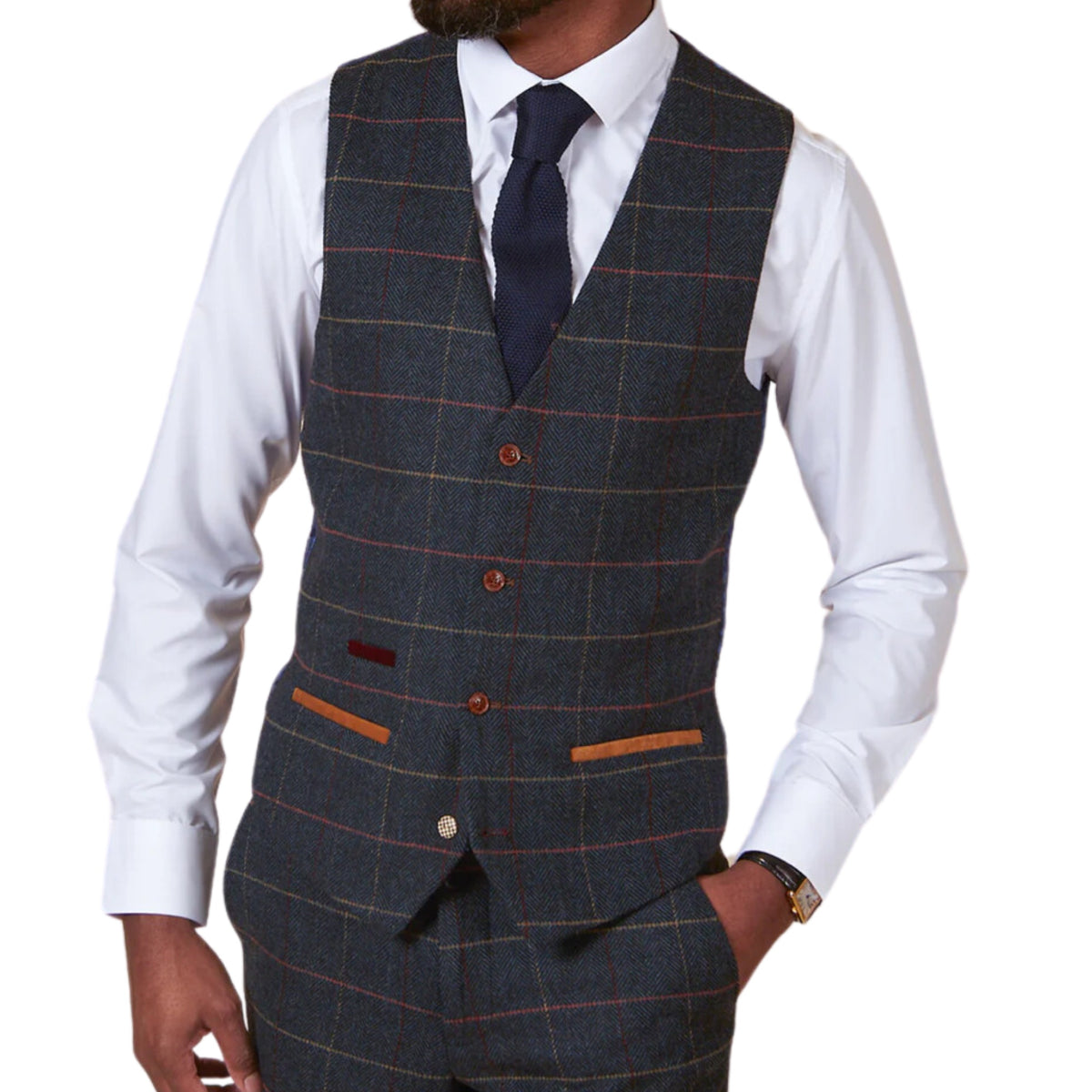 MARC DARCY Eton Tweed Check Waistcoat - Navy Blue