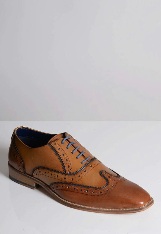 MARC DARCY Marco Leather Wingtip Oxford Brogue Shoe - Tan Navy