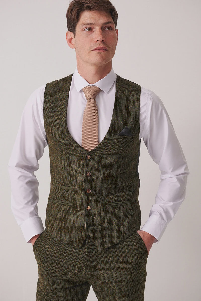 Marc Darcy Dean Tweed Waistcoat - Olive Green