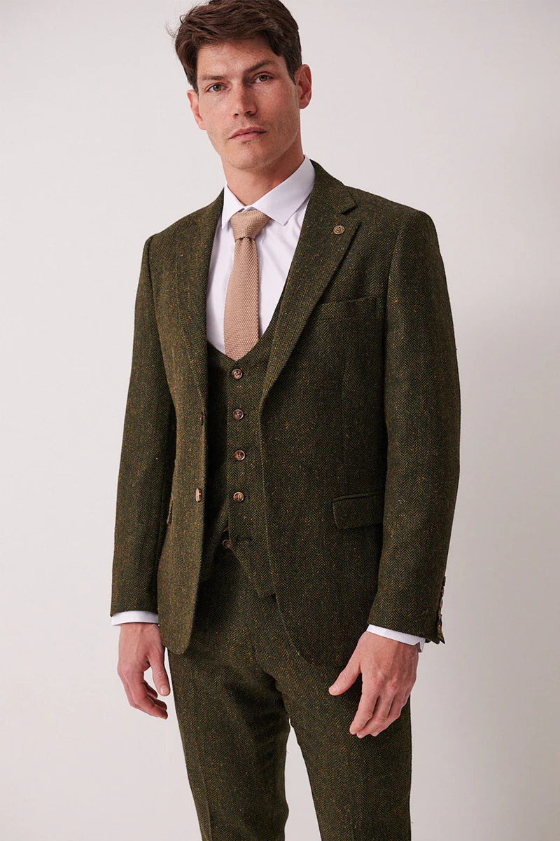 Marc Darcy Dean Tweed Waistcoat - Olive Green