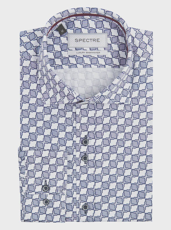 SPECTRE Ronnie Geometric Print Luxury Shirt - White/ Blue
