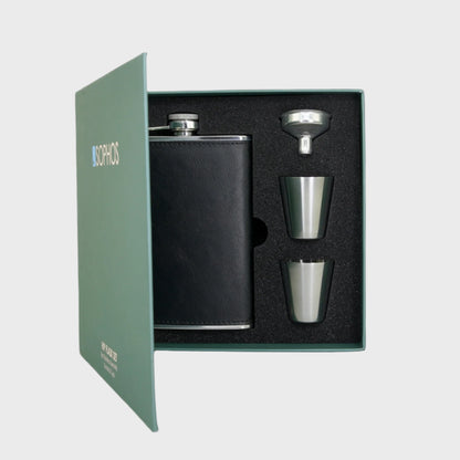 Sophos 4 Piece 8oz Hip Flask Gift Set - Silver & Black Finish