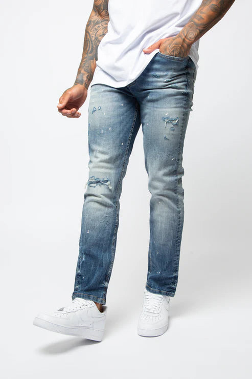 Valere Milano Sopra Ripped & Paint Splattered Jean - Blue Mid Wash