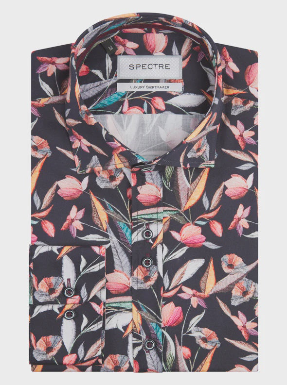 Spectre Albie Geometric Leaf Print Luxury Shirt - Navy Blue