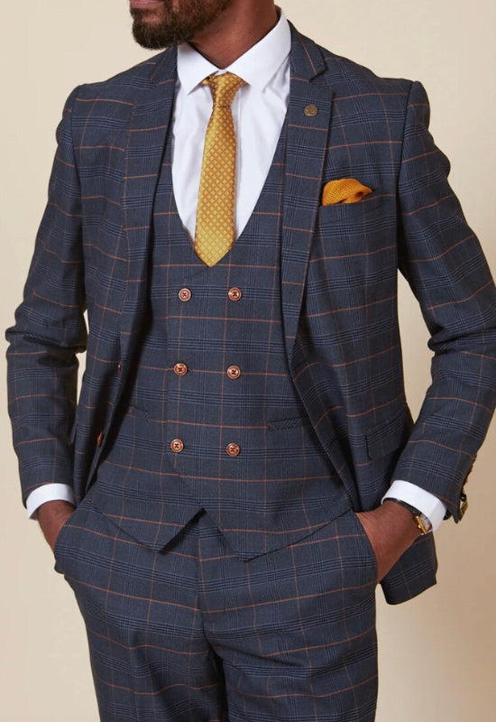 Close up of Marc Darcy Jenson Navy check suit with waistcoast, available for private suit fittings near Corsham and Trowbridge.