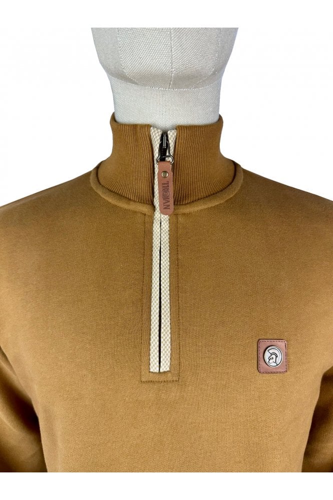 Trojan Quarter Zip Jacquard Trim Sweat TR/9008 - Tan